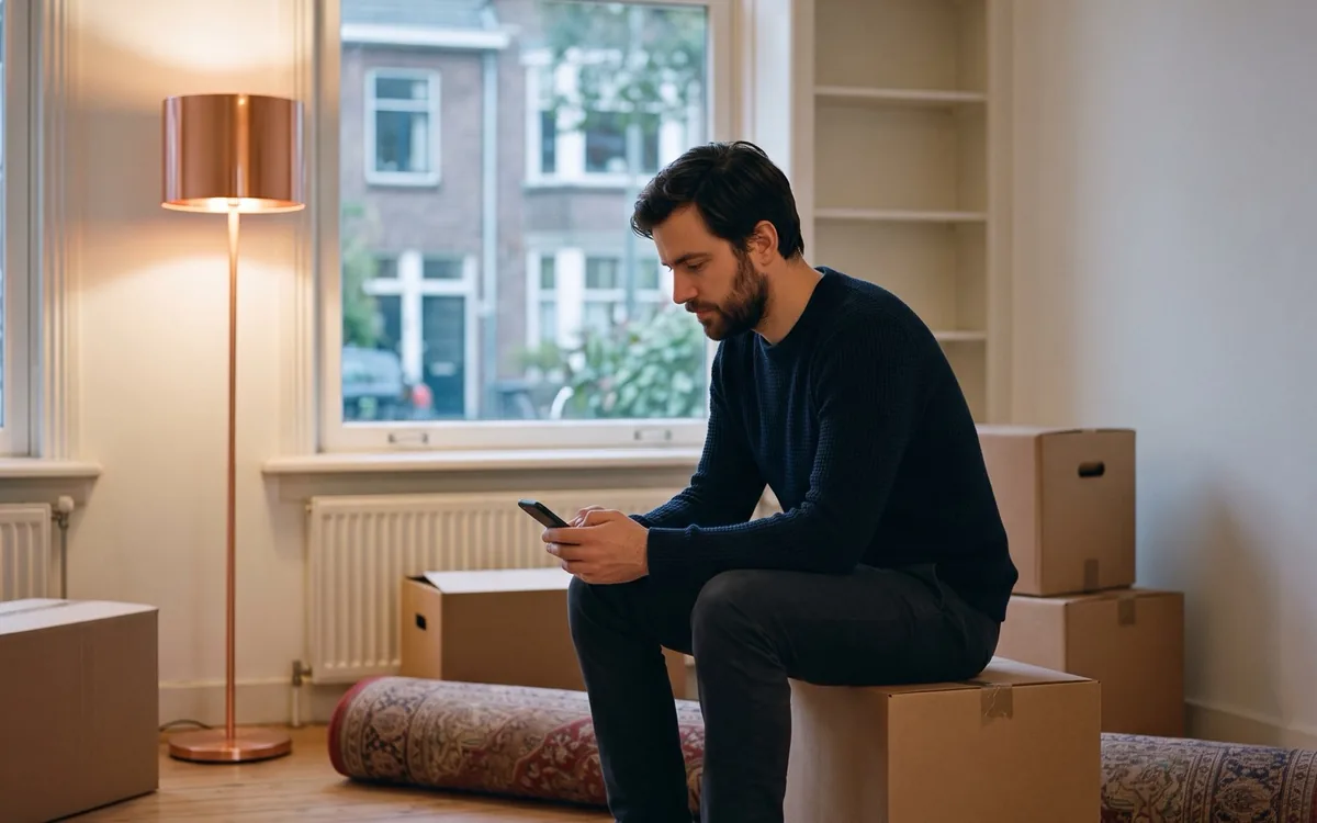 Een man zit tussen verhuisdozen in een lege kamer en kijkt op zijn telefoon.