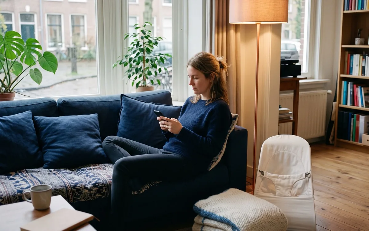 Een vrouw zit op de bank en kijkt op haar telefoon. Naast haar staat een wipstoeltje.