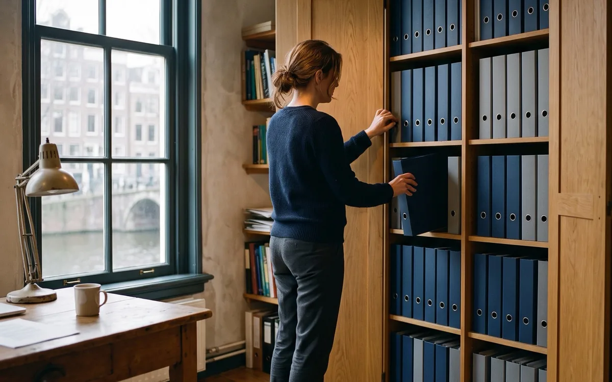 Een vrouw zet een ordner terug in een kast vol blauwe en grijze ordners.