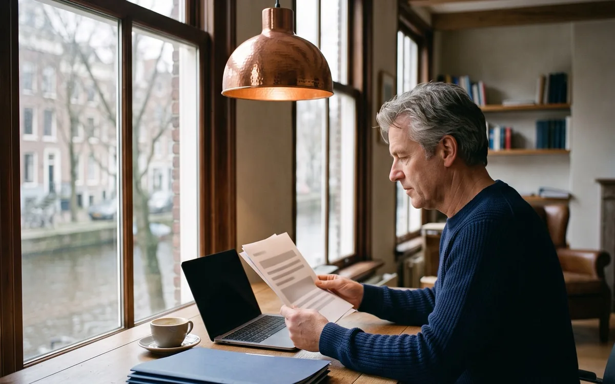 Een man leest aan een tafel bij het raam een paar uitgeprinte pagina's, met uitzicht op een gracht.