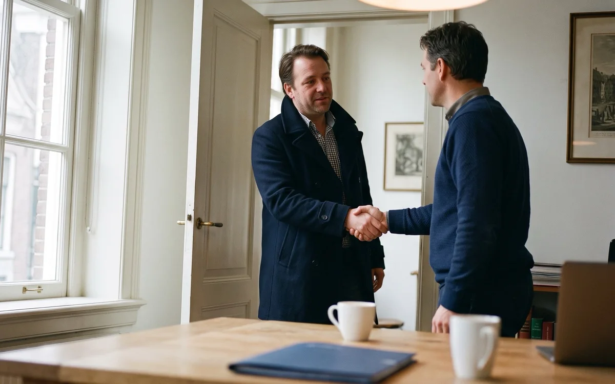 Een adviseur geeft een klant die net binnenkomt een hand, naast de tafel waar ze zo gaan praten.