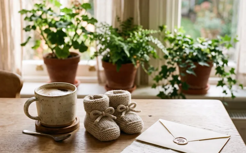 Babyschoentjes en een kaartje op tafel.
