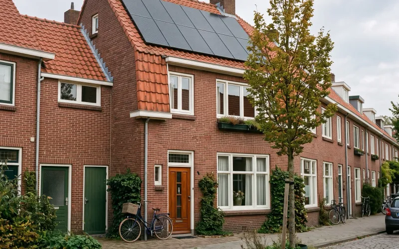 Een rij woningen in een Nederlandse straat.